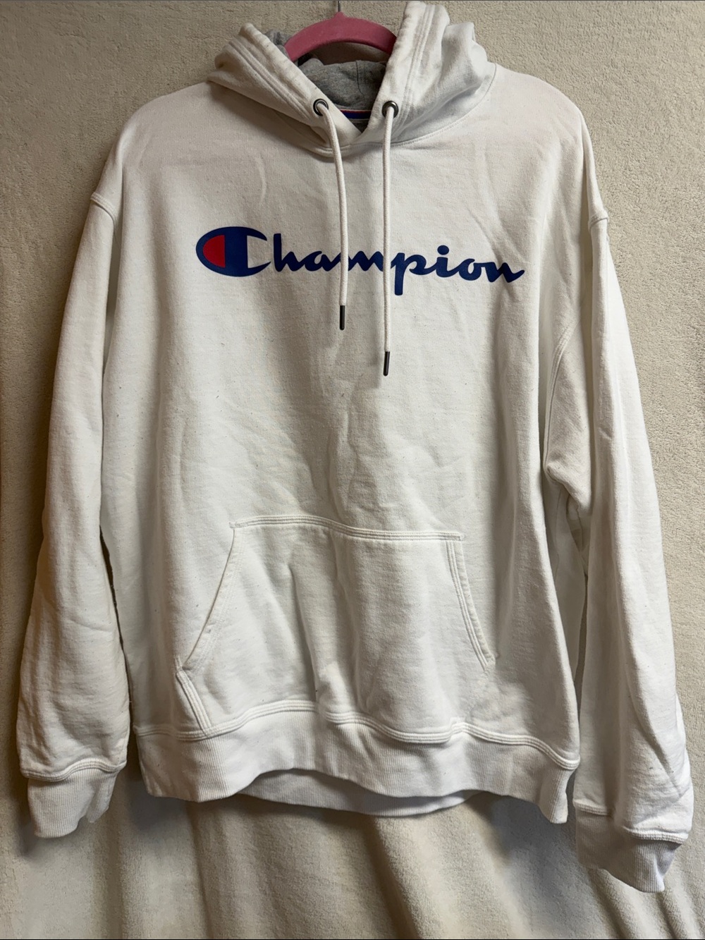 Champion White Crewneck Hoodie with Blue & Red Logo
